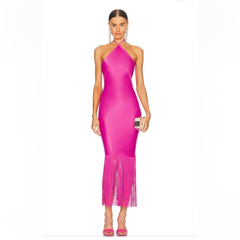 Camila Coelho Payton Maxi Dress hot pink long fringe hem slip halter Revolve XS
